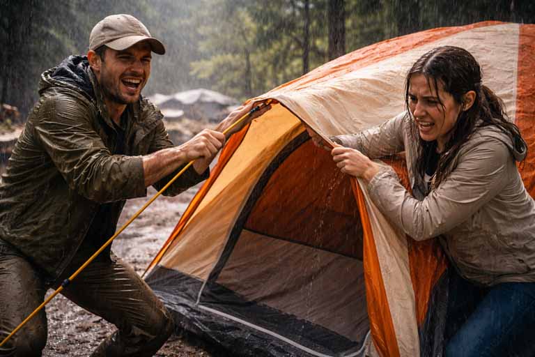 テント設営に苦戦する様子